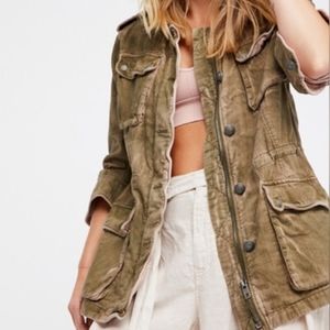 Free People Double Cloth Cargo Military Jacket Cotton Cinch Waist Medium Green